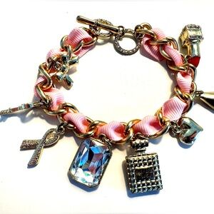Pink Ribbon Charm Bracelet w/ Perfume Lipstick Bow & Crystal Charms + Fashion